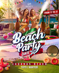 Promotional poster for a beach party at Laganas Beach with two women celebrating.