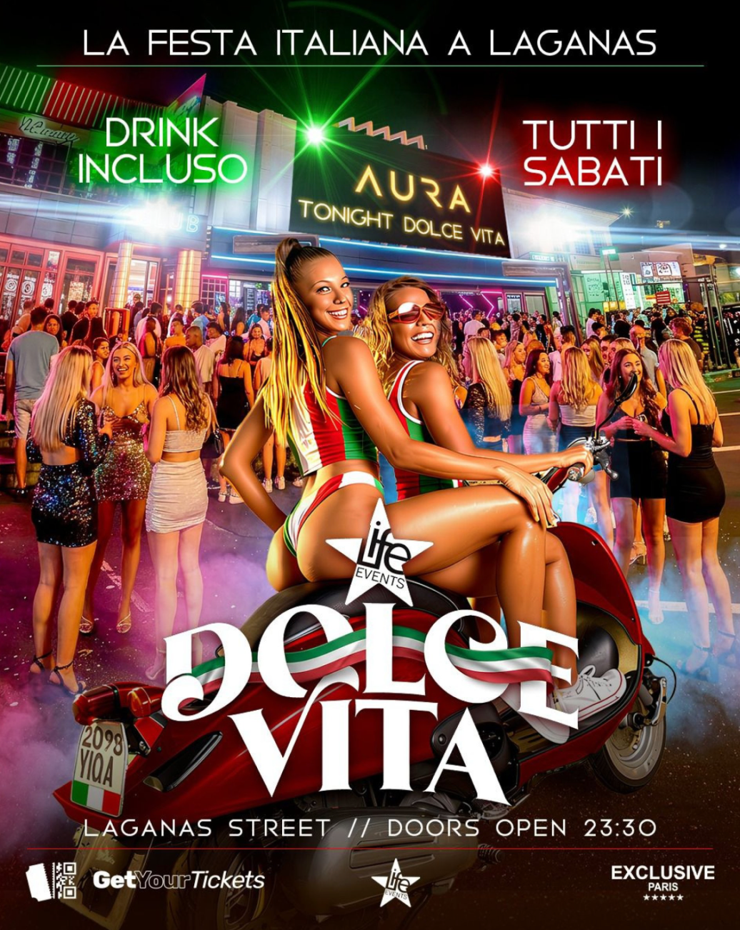 Promotional poster for 'Dolce Vita' event with people on a scooter and text about Italian party in Laganas.