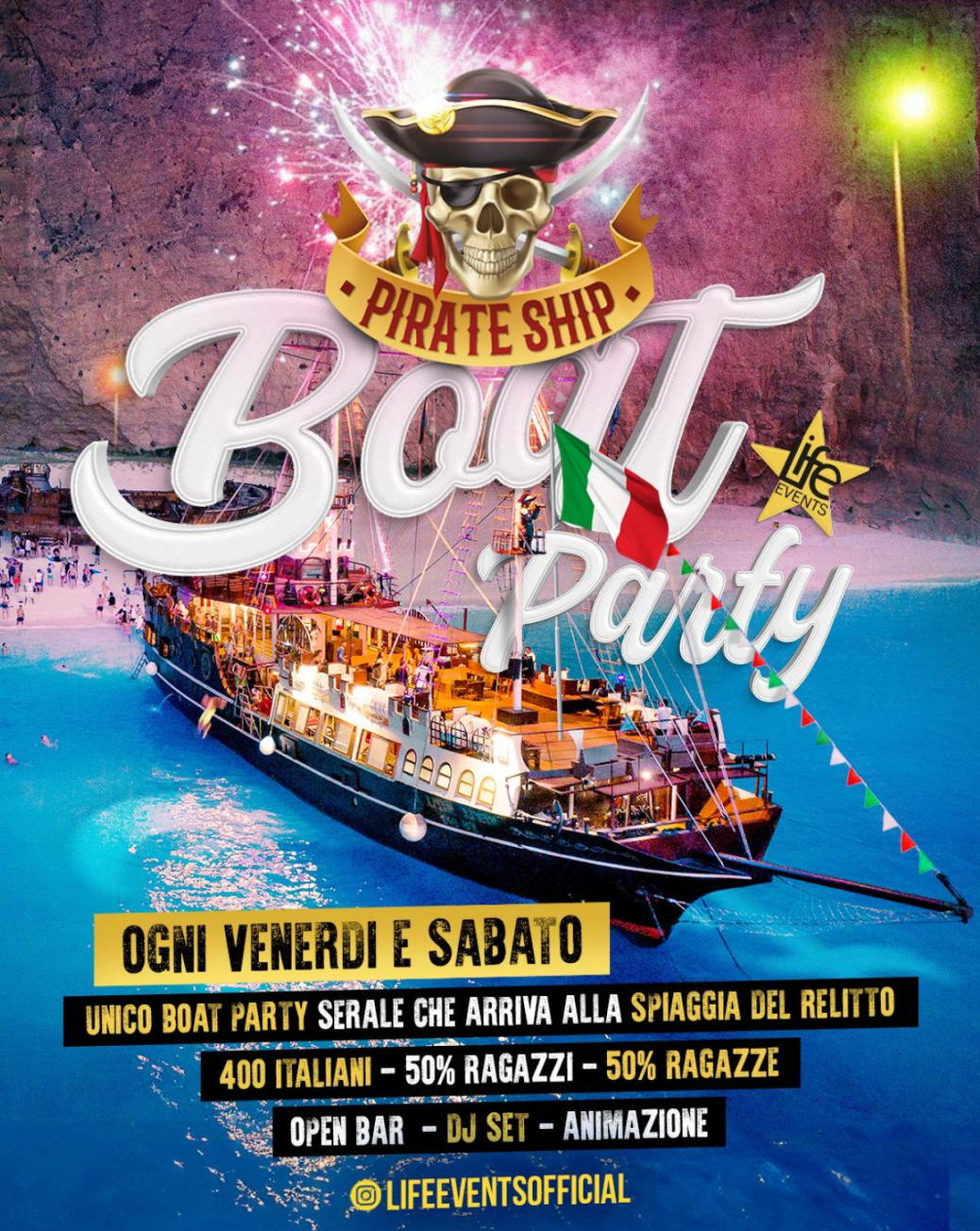 Promotional poster for a pirate-themed boat party with a ship, skull, and Italian flag.