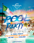 Promotional poster for a pool party at Karma Zakynthos with colorful text and pool scene.