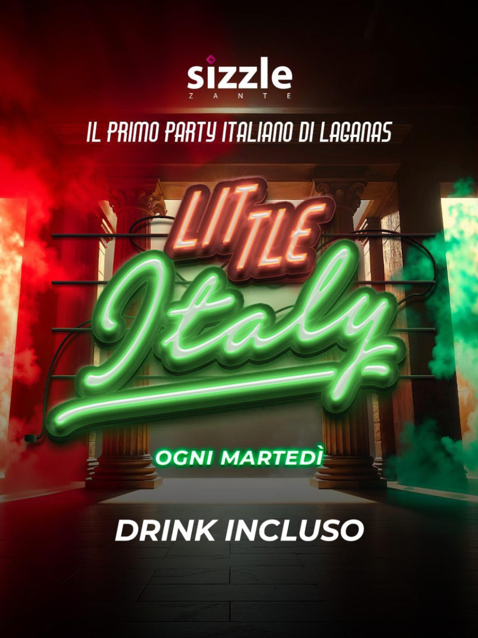 Neon sign for 'Little Italy' with promotional text for a party event.