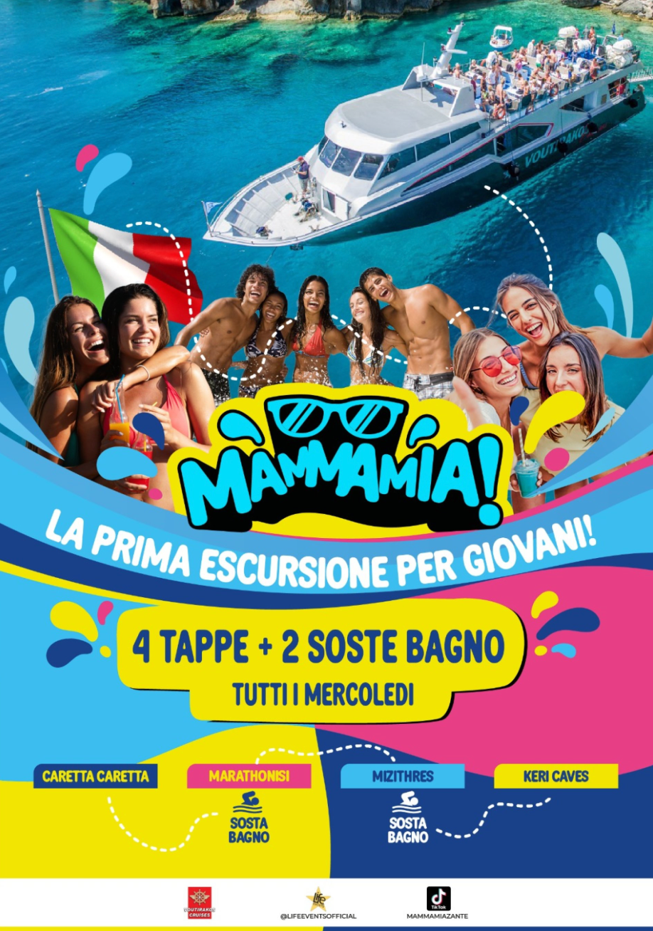 Promotional poster for a youth excursion with a boat and people, featuring the text 'Mammamia!' and Italian flag.