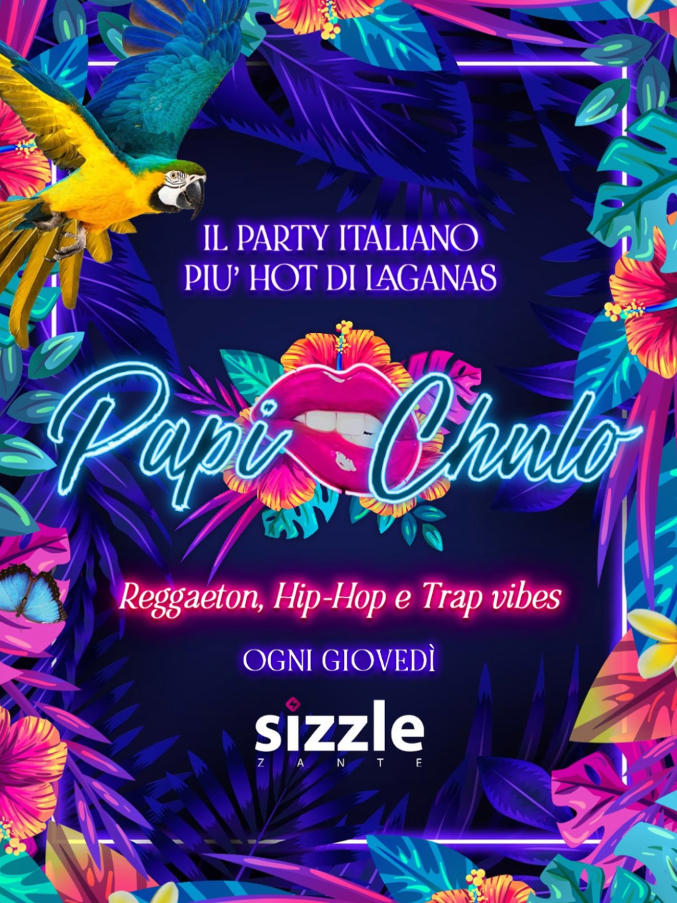 Promotional poster for a party with colorful text and tropical elements.