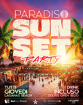 Promotional poster for Paradiso Sunset Party at Laganas Beach with people enjoying a sunset by the pool.